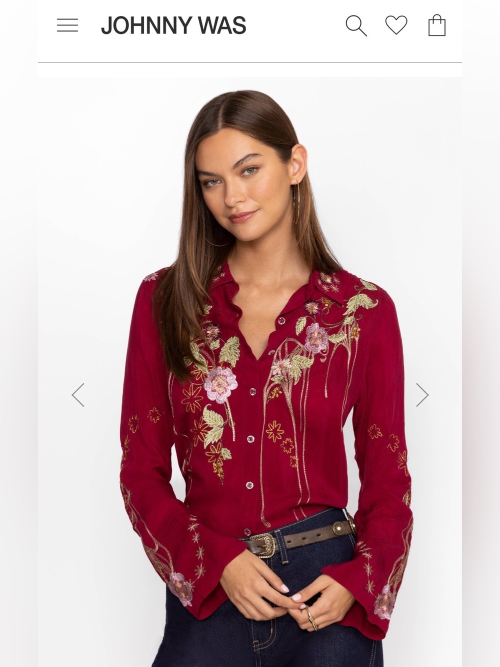 Johnny Was Burgundy Embroidered Button-Down Shirt